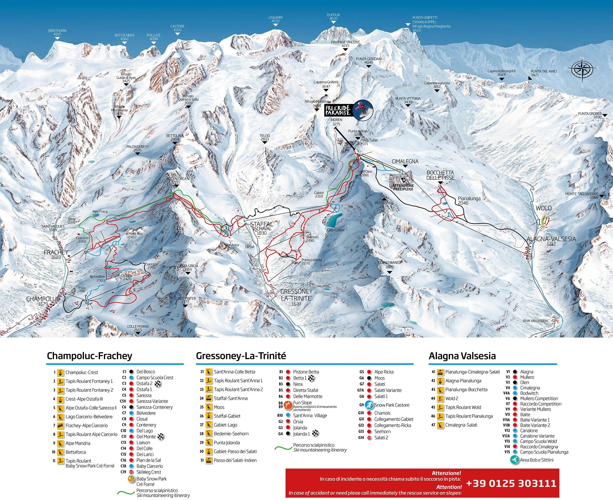 Alagna Valsesia/Gressoney-La-Trinité/Champoluc/Frachey (Monterosa Ski) trail map