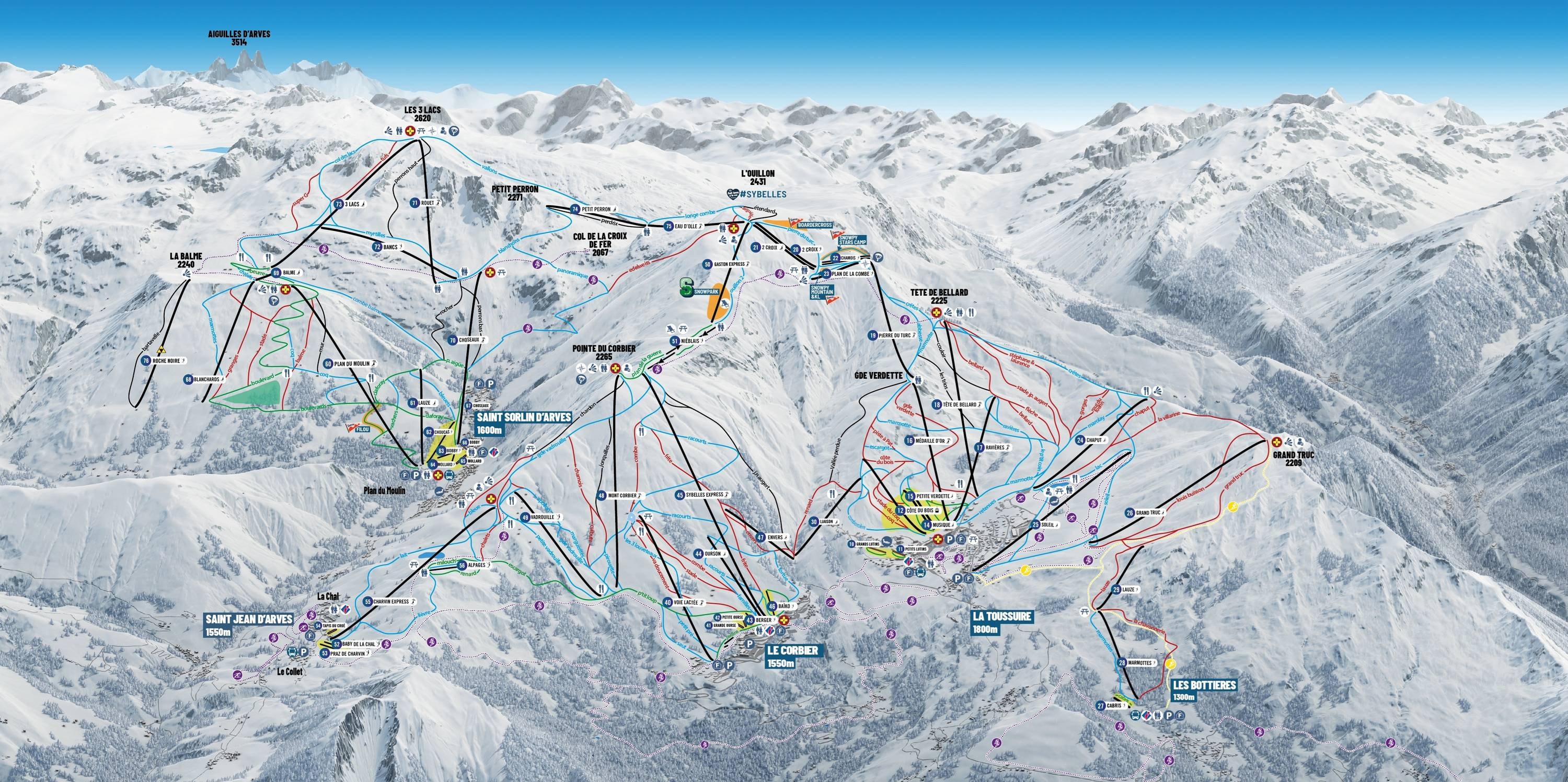 Les Sybelles – Le Corbier/La Toussuire/Les Bottières/St Sorlin/St Jean d’Arves trail map